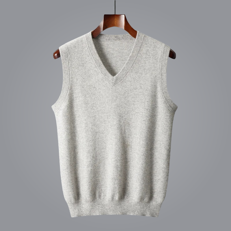 Versatile men's tailored V-neck cashmere vest, soft and comfortable for smart layering.