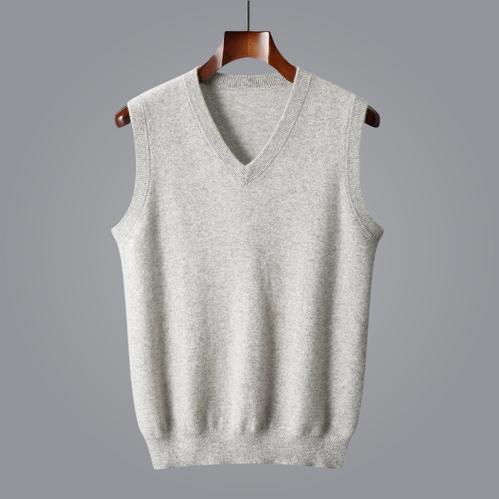 Versatile men's tailored V-neck cashmere vest, soft and comfortable for smart layering.
