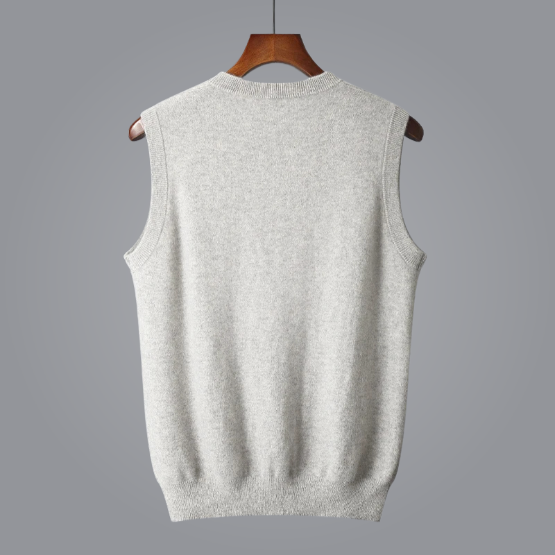 Men's tailored V-neck cashmere vest, a soft luxury knit, perfect for everyday elegance.
