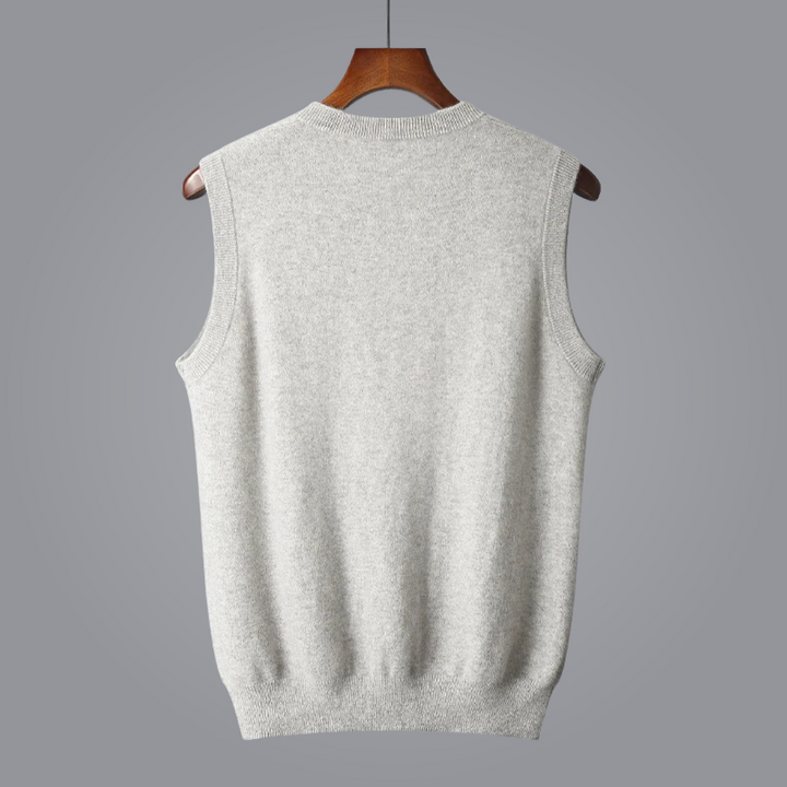 Men's tailored V-neck cashmere vest, a soft luxury knit, perfect for everyday elegance.