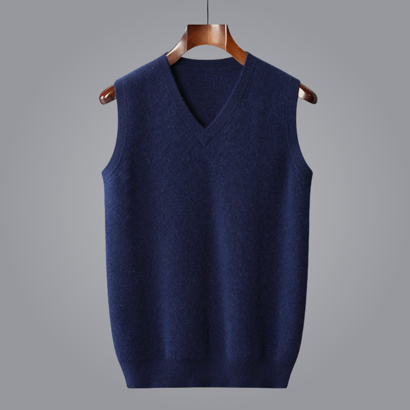 Exceptionally soft cashmere men's V-neck vest, a premium tailored sleeveless sweater for men.