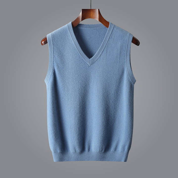 Stylish men's V-neck cashmere vest, tailored fit for modern and comfortable mens fashion.