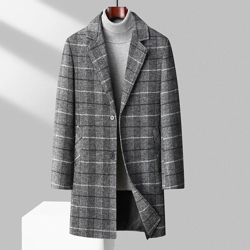 Men's luxurious tailored plaid overcoat, perfect for classic gentlemen's winter fashion.