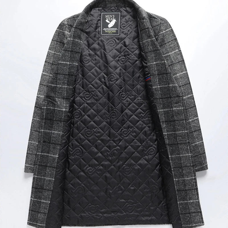 Warm men's long plaid overcoat. Timeless outerwear for formal winter layering.
