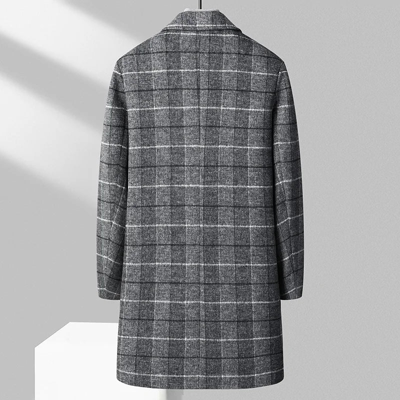 Classic men's tailored plaid overcoat, a luxurious and warm winter jacket.