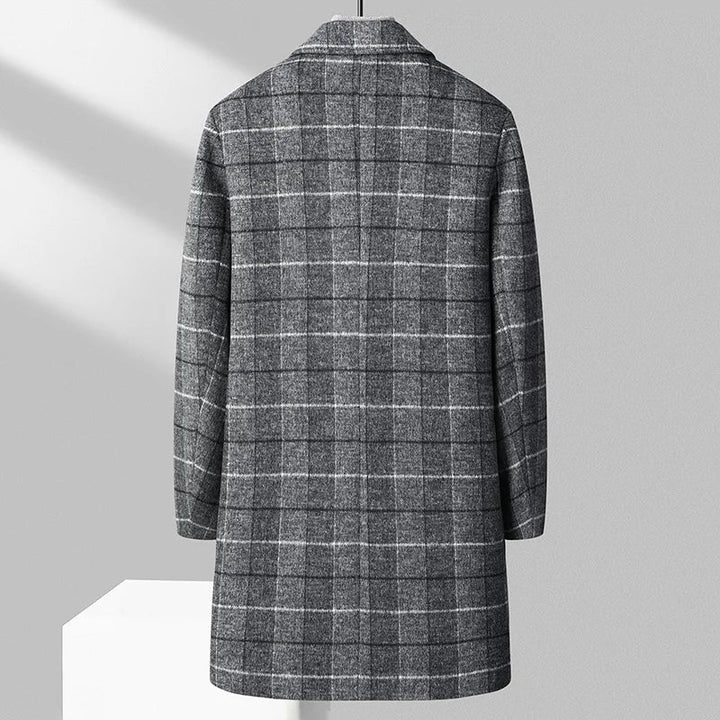 Classic men's tailored plaid overcoat, a luxurious and warm winter jacket.