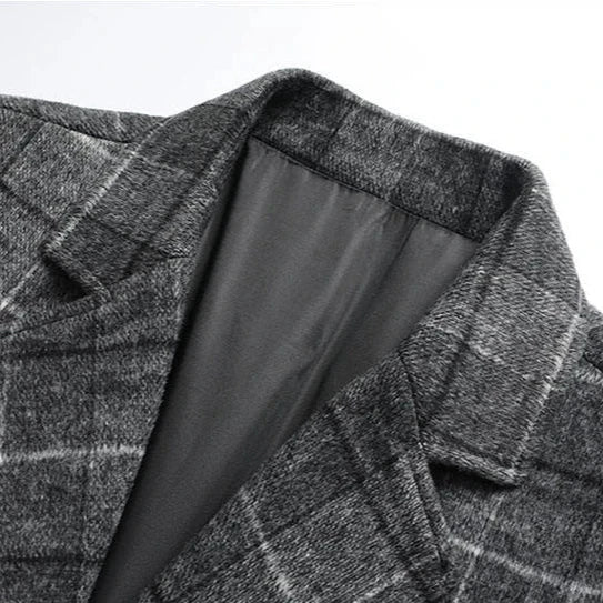Stylish men's plaid overcoat, a warm & tailored layering piece for winter.