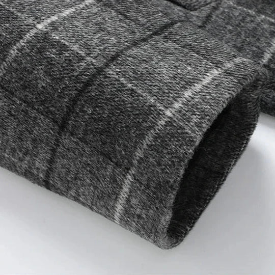 Men's classic plaid overcoat, a luxurious long winter jacket for formal outerwear.
