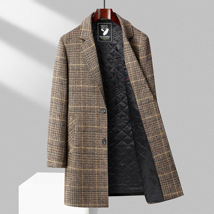 Tailored men's plaid overcoat, a timeless & warm winter jacket for gentlemen's fashion.