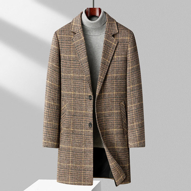 Elegant men's long plaid overcoat. Luxurious, warm, and tailored for classic winter style.