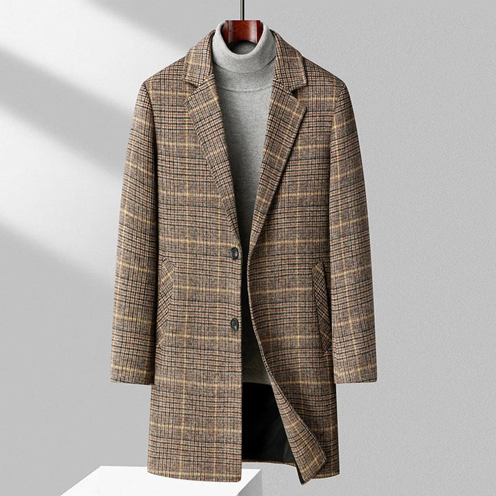 Elegant men's long plaid overcoat. Luxurious, warm, and tailored for classic winter style.