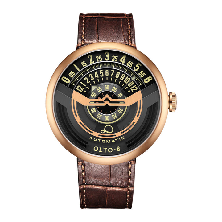Durable men's automatic watch with a scratch-resistant sapphire crystal and genuine leather band.