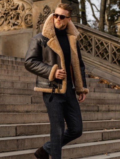 Close-up of durable, high-quality fabric on a men's luxury outerwear jacket, ideal for fall/winter elegance.