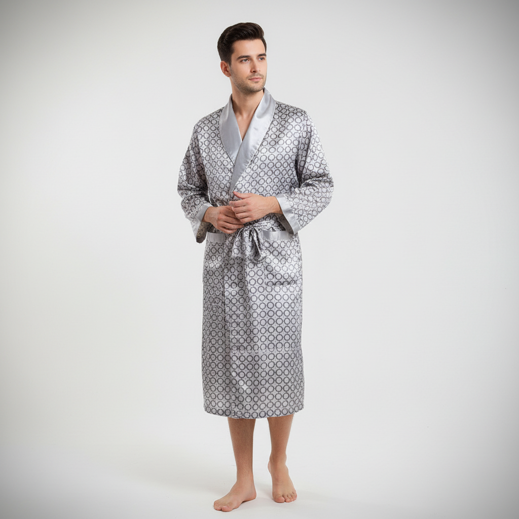 Comfortable men's black satin robe with decorative embroidery, a premium men's gift idea