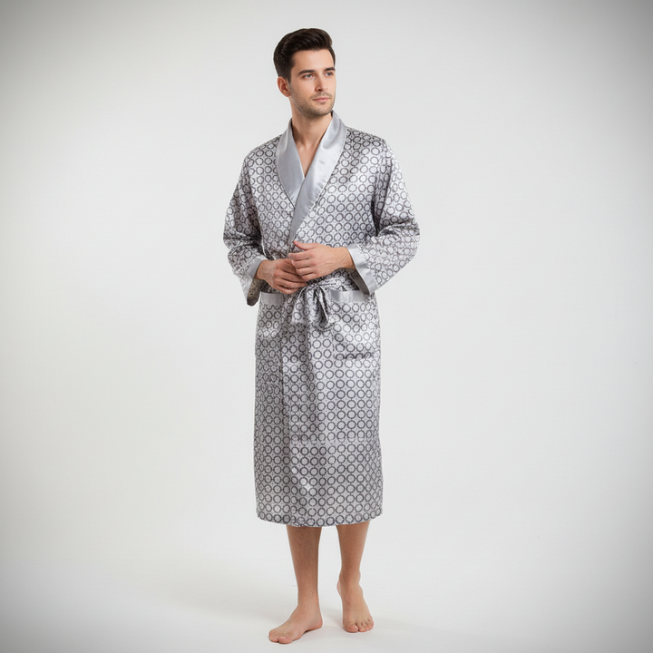 Comfortable men's black satin robe with decorative embroidery, a premium men's gift idea