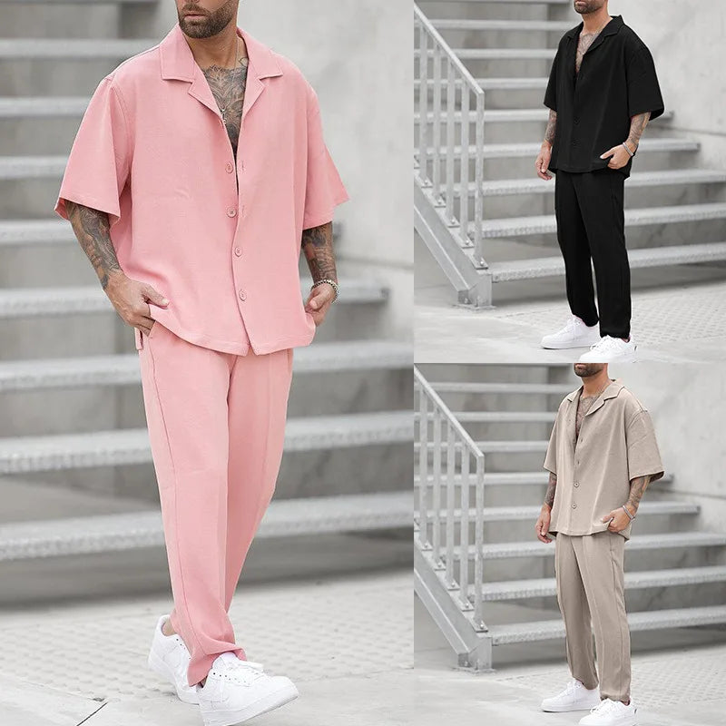 Men's luxury button shirt and pants set, elegant two-piece outfit for sophisticated men's fashion.