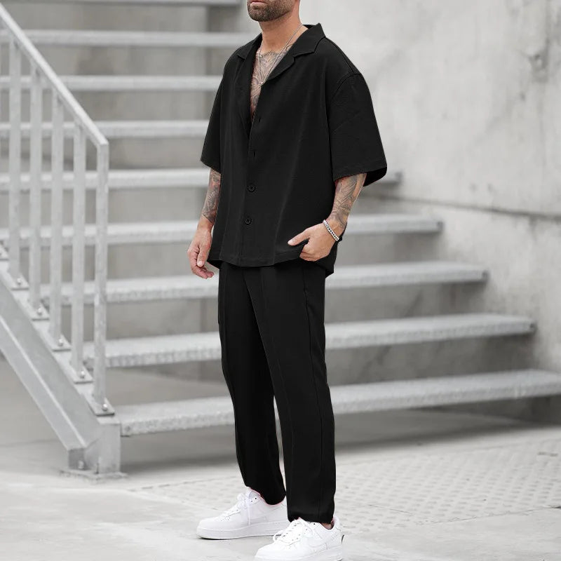 Versatile men's shirt & pants set, perfect for formal or casual wear. Comfortable & stylish two-piece outfit.