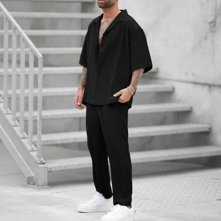 Versatile men's shirt & pants set, perfect for formal or casual wear. Comfortable & stylish two-piece outfit.
