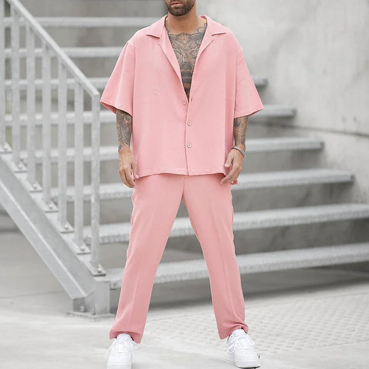Modern mens fashion button shirt and pants set, a comfortable and versatile luxury ensemble for any occasion.
