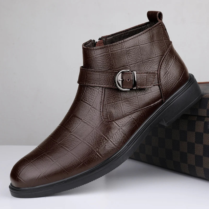 Dark brown men's luxury full-grain leather ankle boots. Durable and comfortable dress footwear.