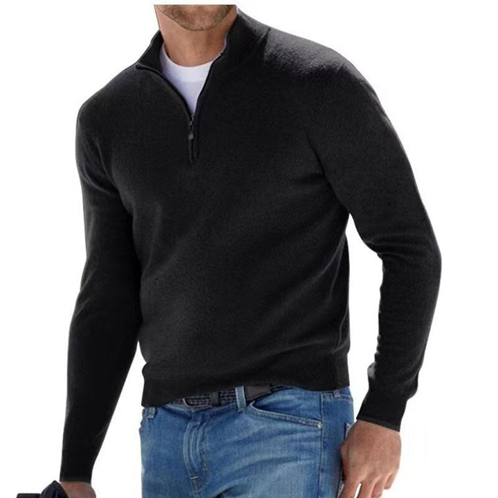 Elegant men's full-zip luxury sweater. Perfect long sleeve knit for winter fashion and sophisticated casual wear.