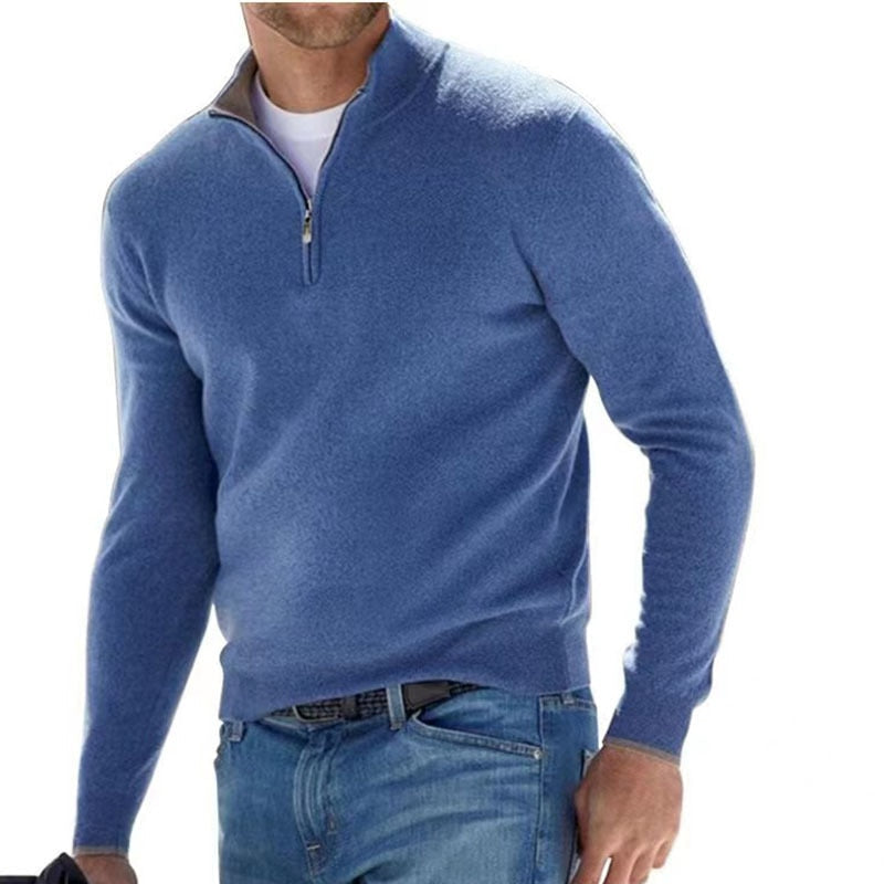 Versatile men's full-zip luxury knit sweater. A timeless long sleeve piece for both casual and formal men's fashion.