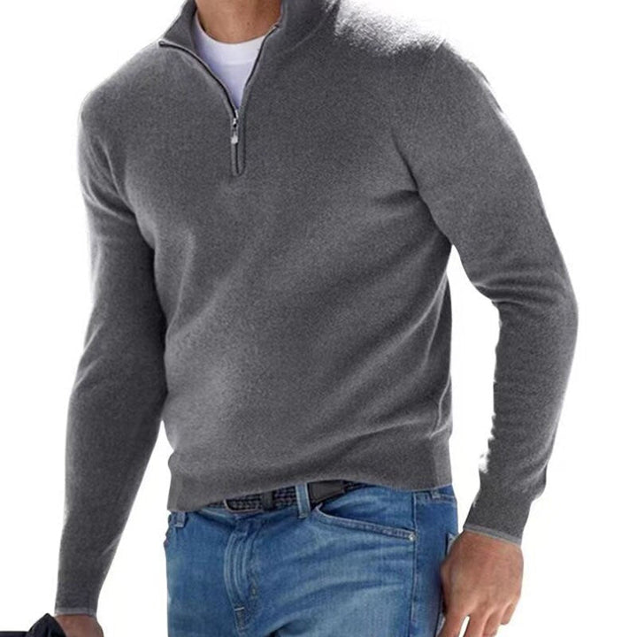 Close-up of men's full-zip luxury sweater, showcasing fine knit. Ideal long sleeve for winter, casual or formal events.