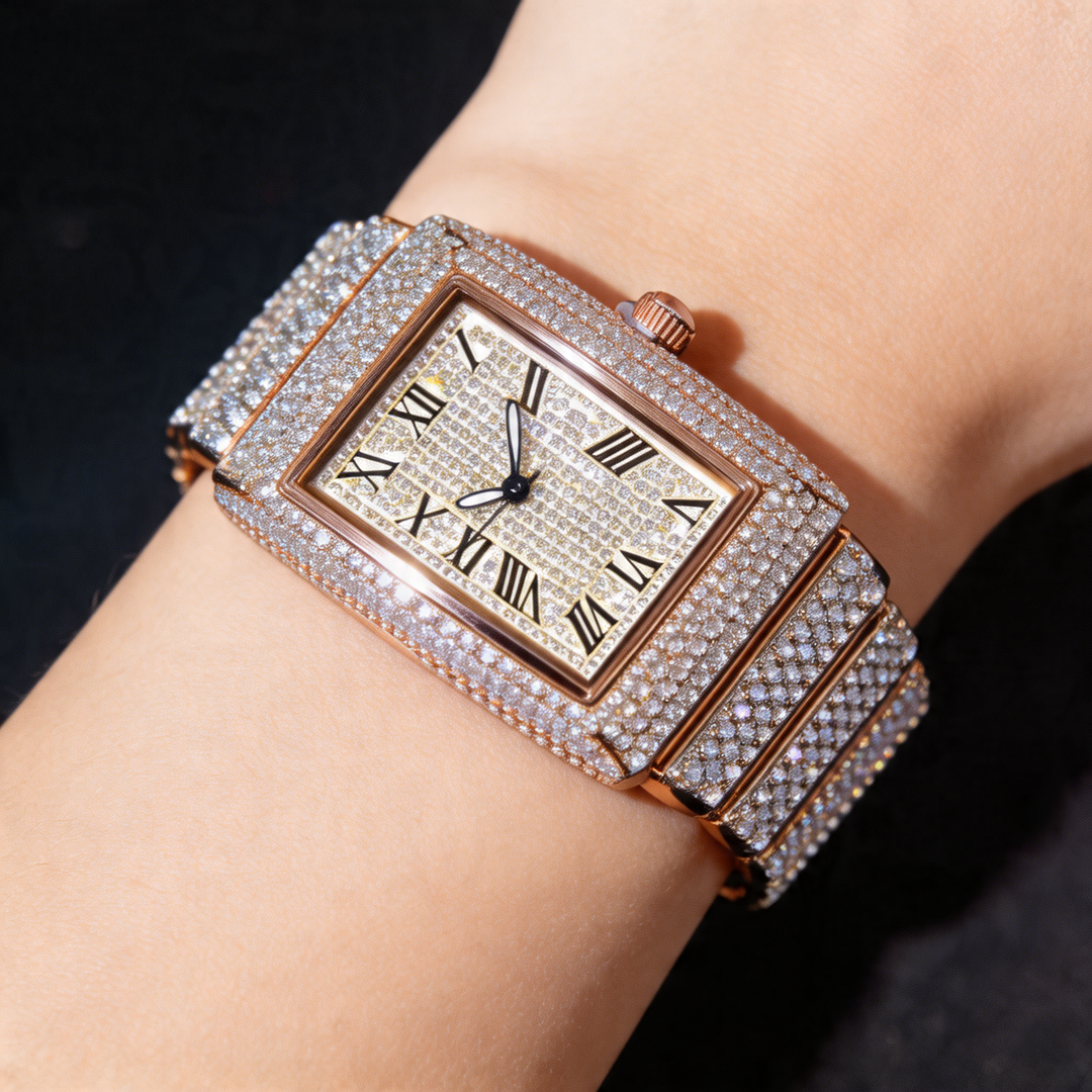 Men's luxury iced out square face watch in dazzling gold, a bold fashion statement.