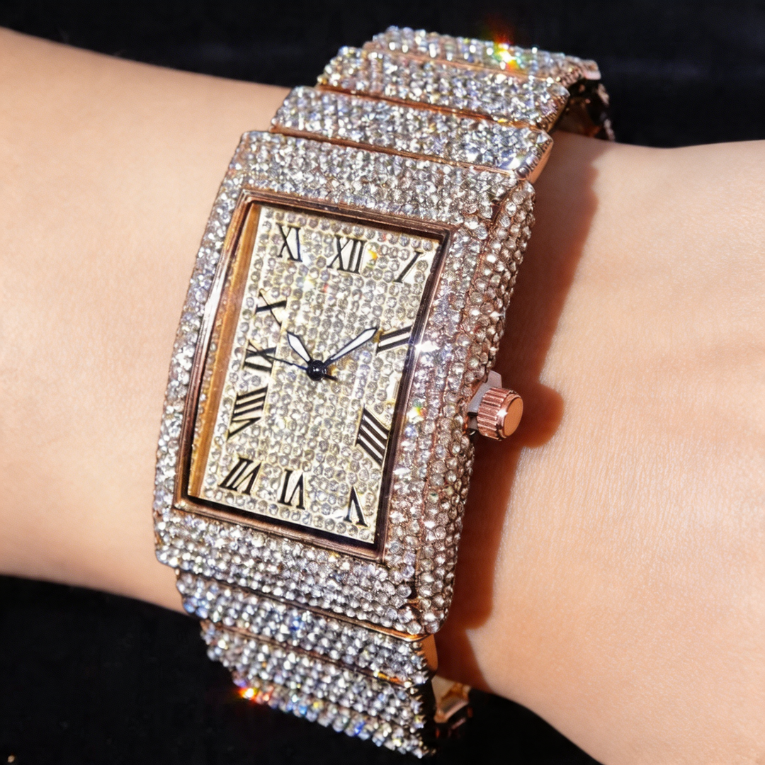 Elegant men's iced out square face watch with a brilliant silver finish, perfect for hip hop style.