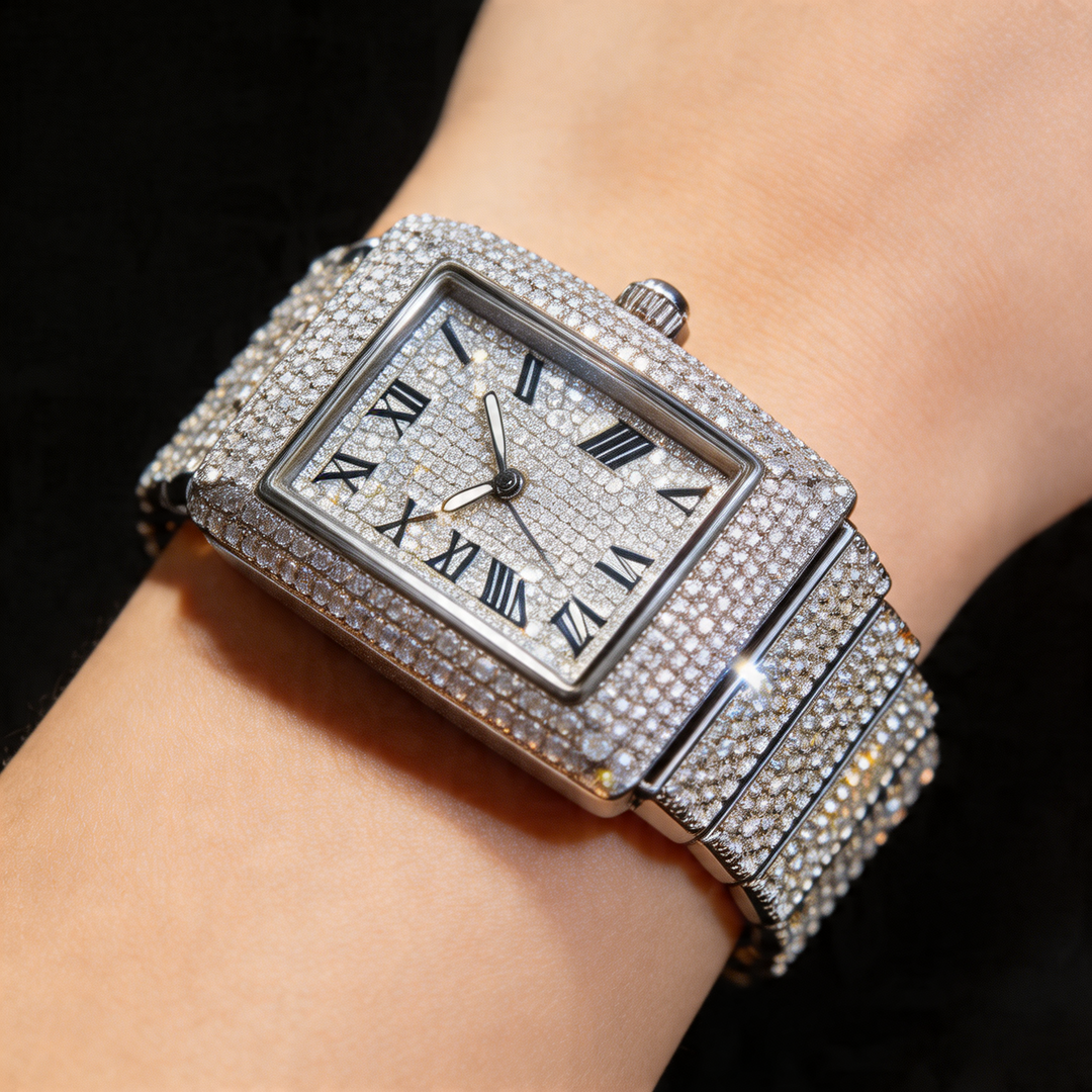 Stunning men's luxury iced out square face watch in rose gold, a unique and stylish bling accessory.