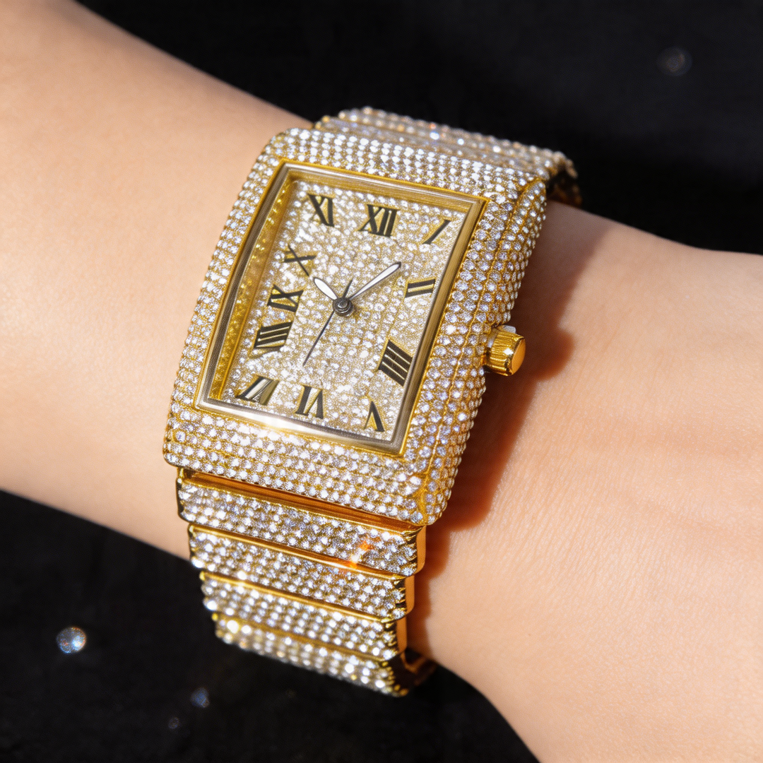 Close-up of a men's luxury iced out square watch, showcasing the brilliant diamond-like stones.