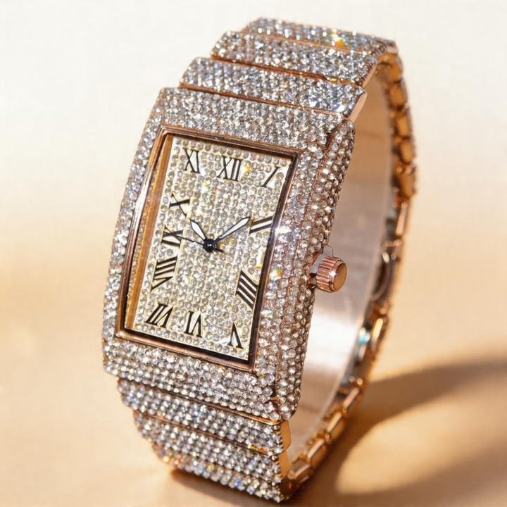 Men's statement iced out square watch on a wrist, exuding luxury and a bold hip hop fashion vibe.