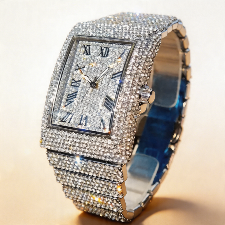 Full view of an elegant men's square face watch with an iced out bezel and sophisticated gold tone finish.