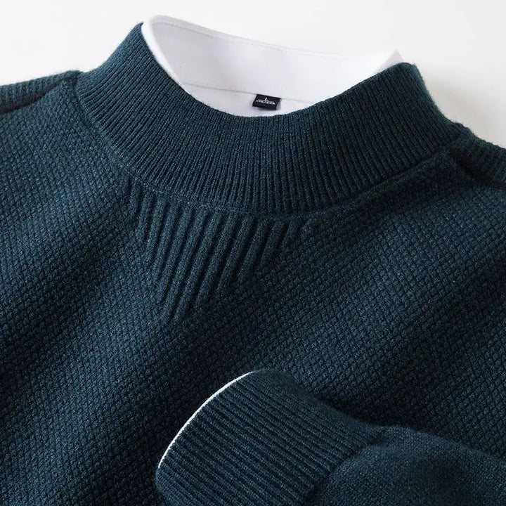 Elevated men's luxury jacquard sweater. Perfect mock neck design for sophisticated smart casual winter wear.