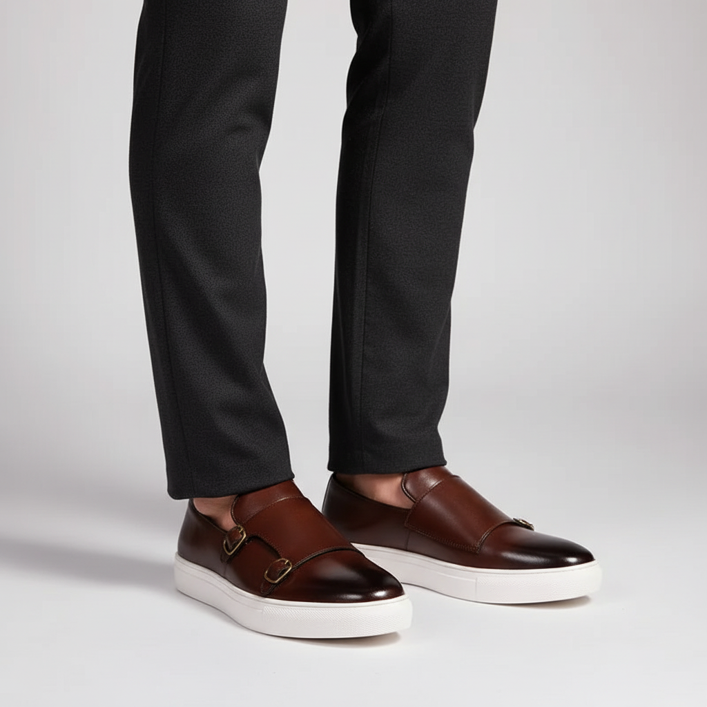 Men's luxury leather dress shoes, black, with elegant buckle design for formal office wear