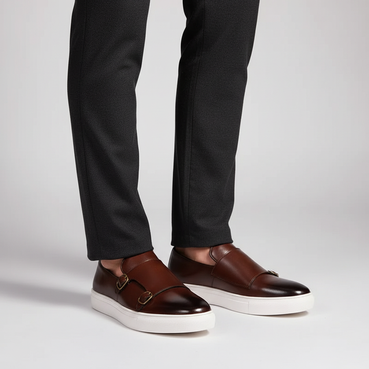 Men's luxury leather dress shoes, black, with elegant buckle design for formal office wear