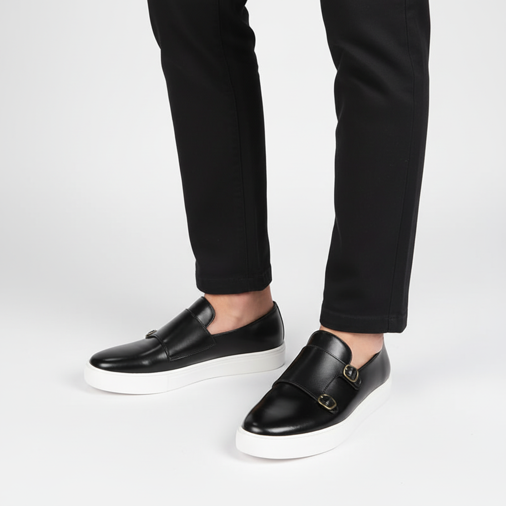 Premium men's black leather dress shoes, Glenn, with a distinctive buckle, enhancing any formal outfit