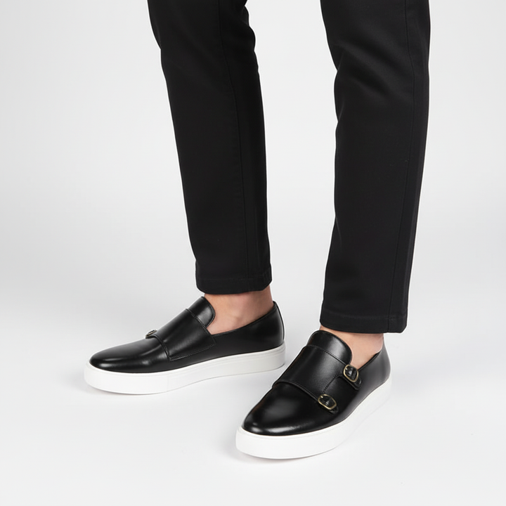 Premium men's black leather dress shoes, Glenn, with a distinctive buckle, enhancing any formal outfit