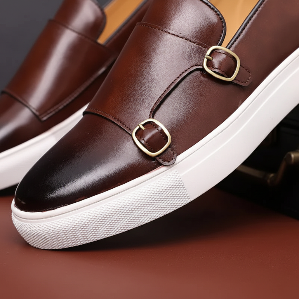 Glenn men's luxury black leather dress shoes with double buckle, perfect for business and formal fashion