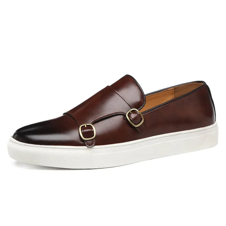Comfortable men's black leather dress shoes with buckle, blending classic style with modern formal wear