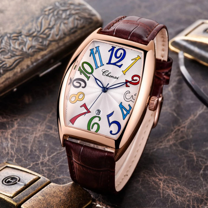 Men's luxury leather watch, Art Deco design, tonneau case, stylish timepiece.