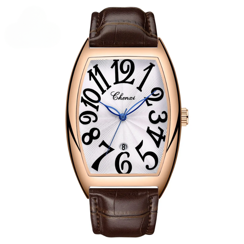 Unique men's Art Deco luxury watch, black leather, tonneau shape, distinctive stylish timepiece.