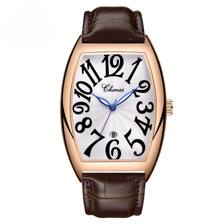 Unique men's Art Deco luxury watch, black leather, tonneau shape, distinctive stylish timepiece.
