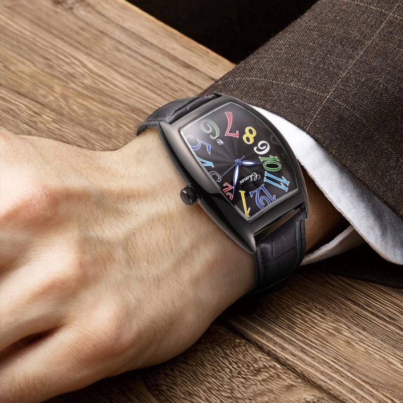 Men's luxury leather watch, Art Deco design, gold finish, stylish and classic accessory.