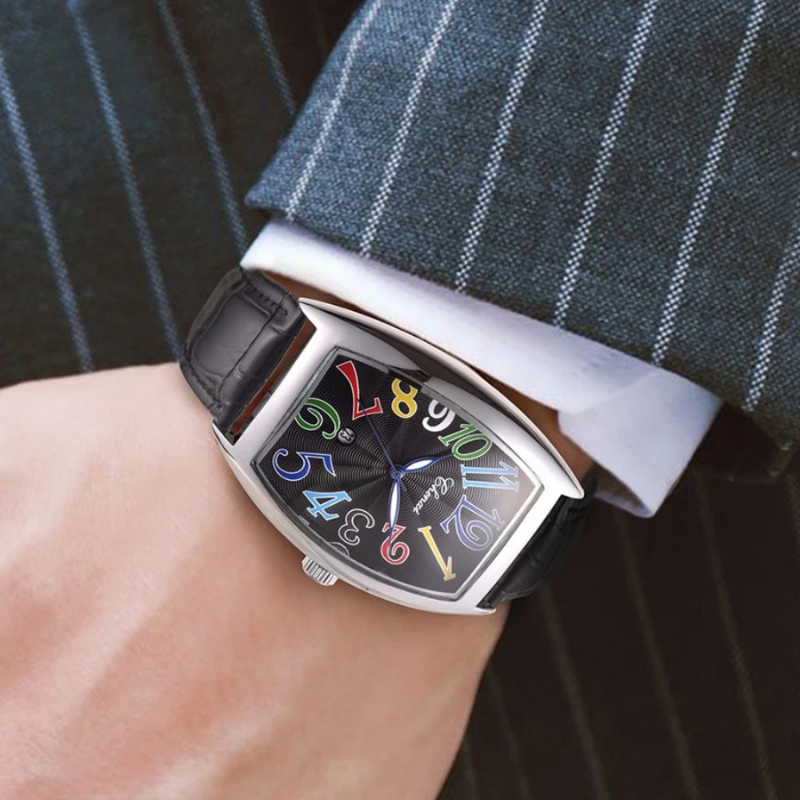 High-end men's Art Deco watch, genuine leather, luxury tonneau timepiece with unique dial.
