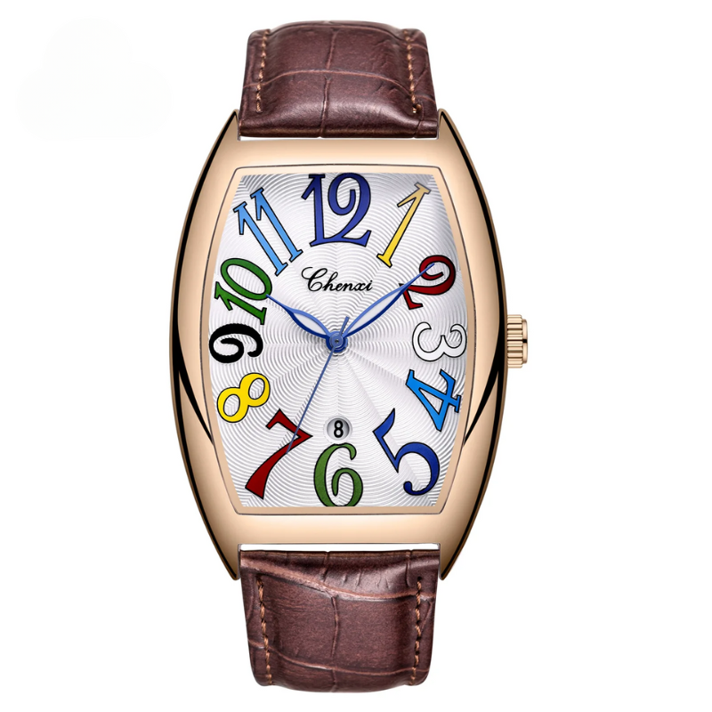 Classic men's luxury leather watch with gold-tone Art Deco dial, unique timepiece.