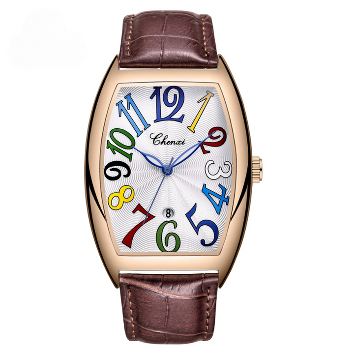Classic men's luxury leather watch with gold-tone Art Deco dial, unique timepiece.