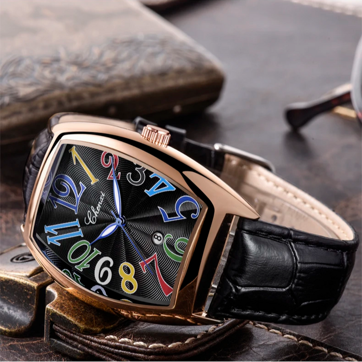 Tonneau case men's Art Deco watch, brown leather strap, silver dial, luxury design.