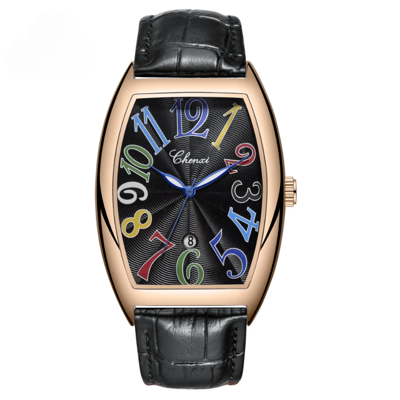 Stylish men's Art Deco luxury watch with black leather band, unique classic timepiece.