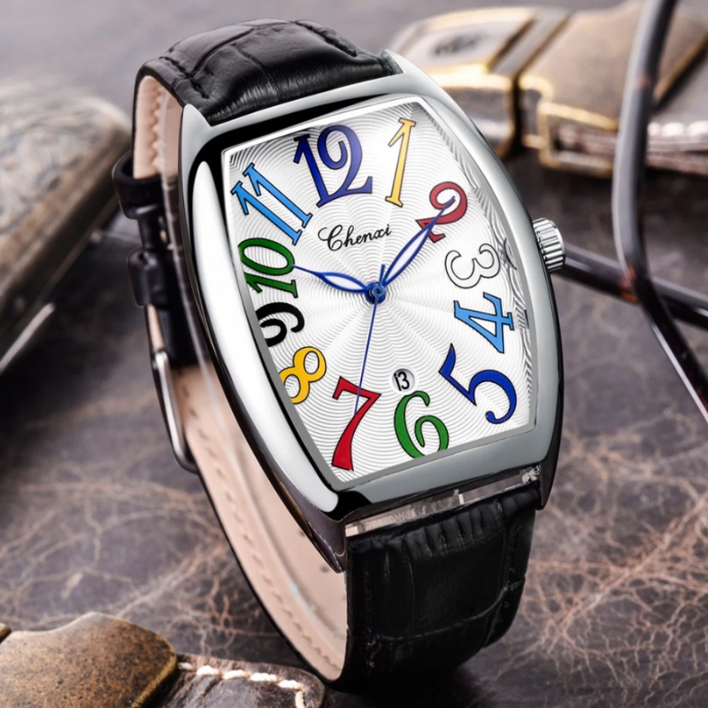 Elegant men's Art Deco gold watch, brown leather strap, luxury classic design accessory.